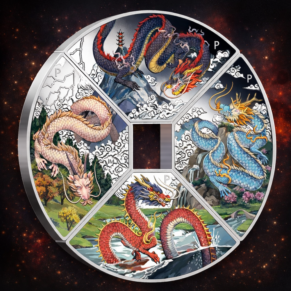 2024 Perth Mint Lunar Dragon Quadrant 1oz Silver Proof Coloured 4 coin set