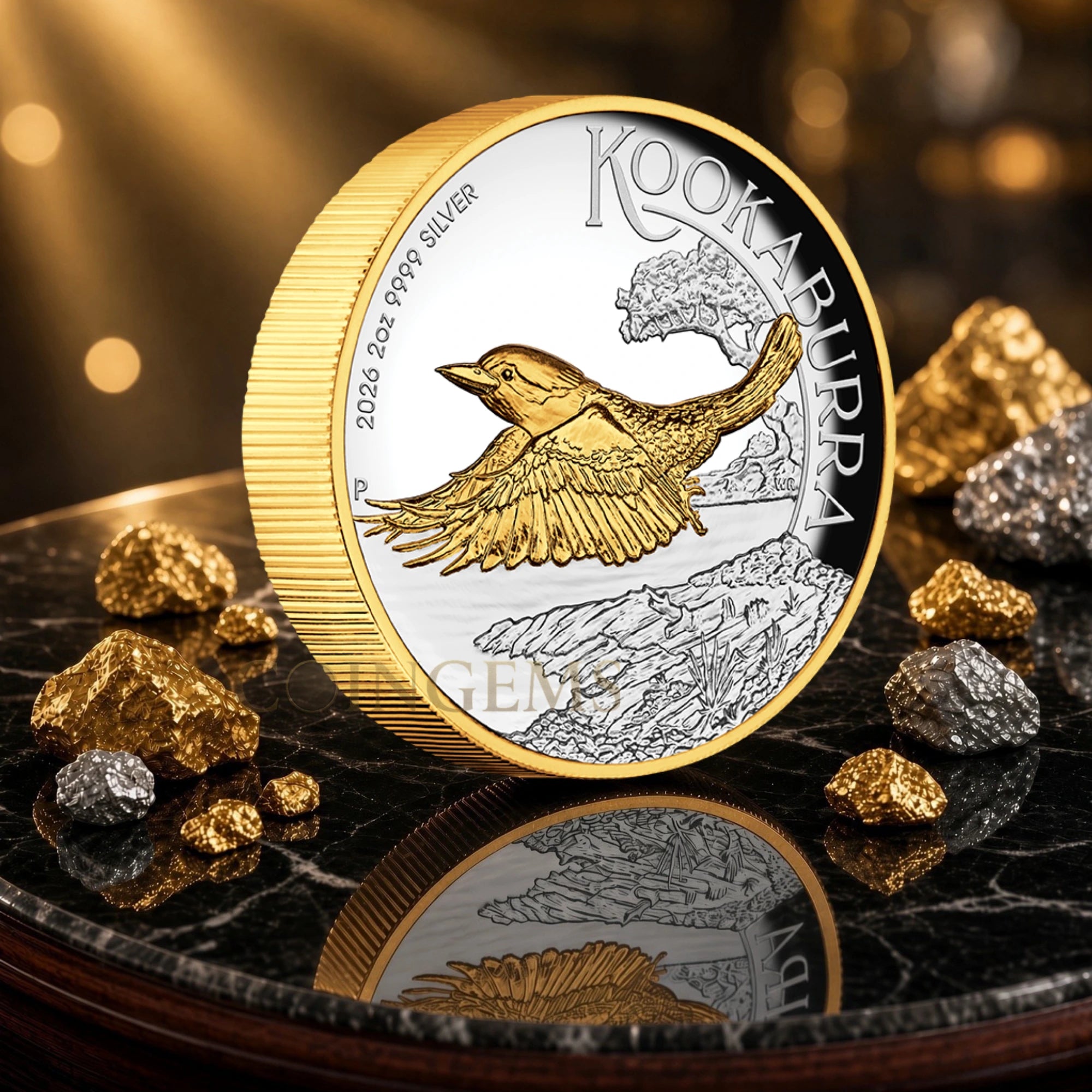 2026 Perth Mint Kookaburra 2oz Silver Proof Gilded Coin