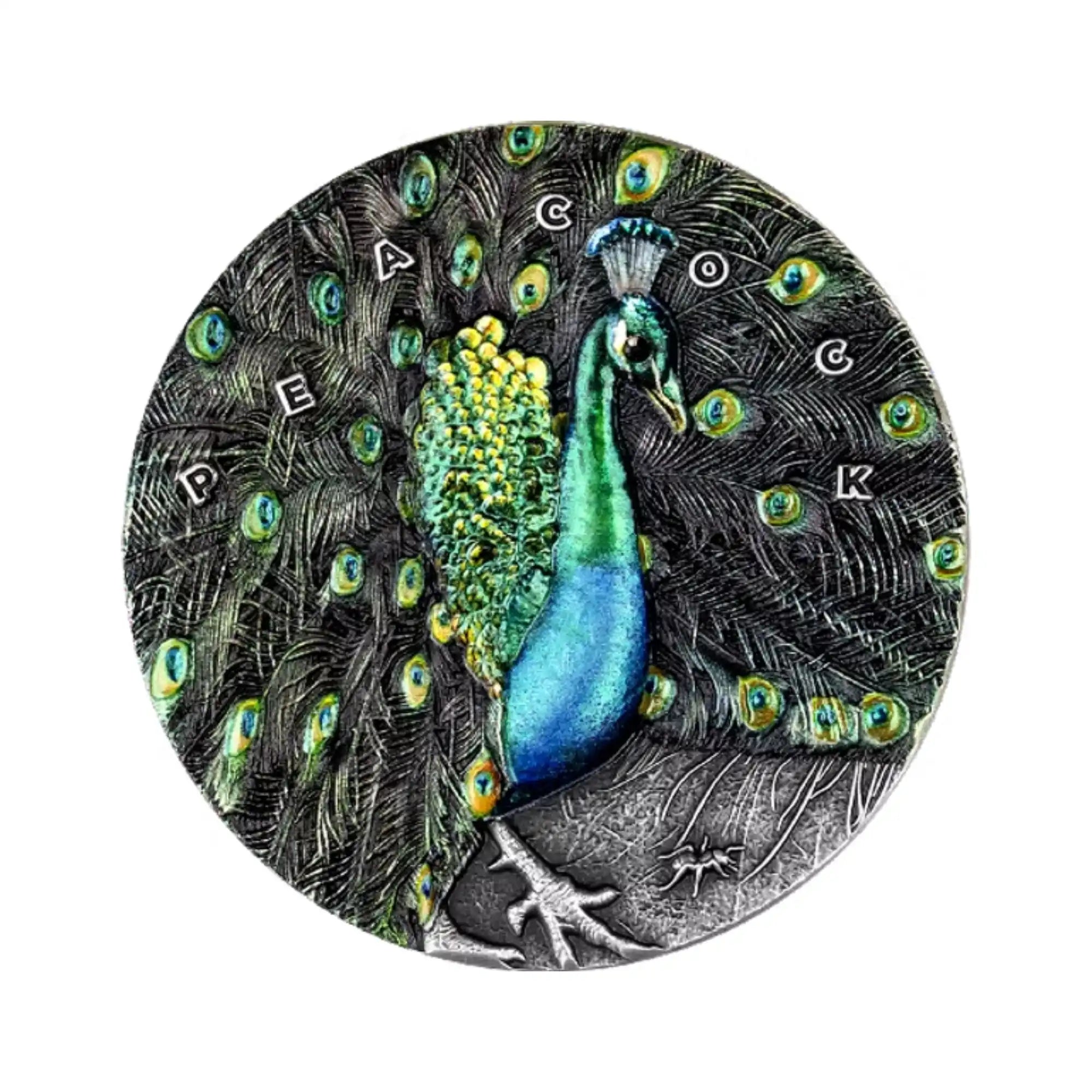 2022 Niue Peacock 3oz Silver Antique Finish Coin with Crystal Insert