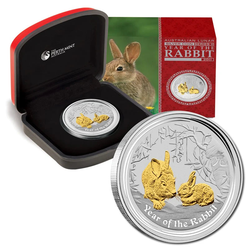 2011 Perth Mint Lunar Rabbit 1oz Silver Gilded Proof Coin