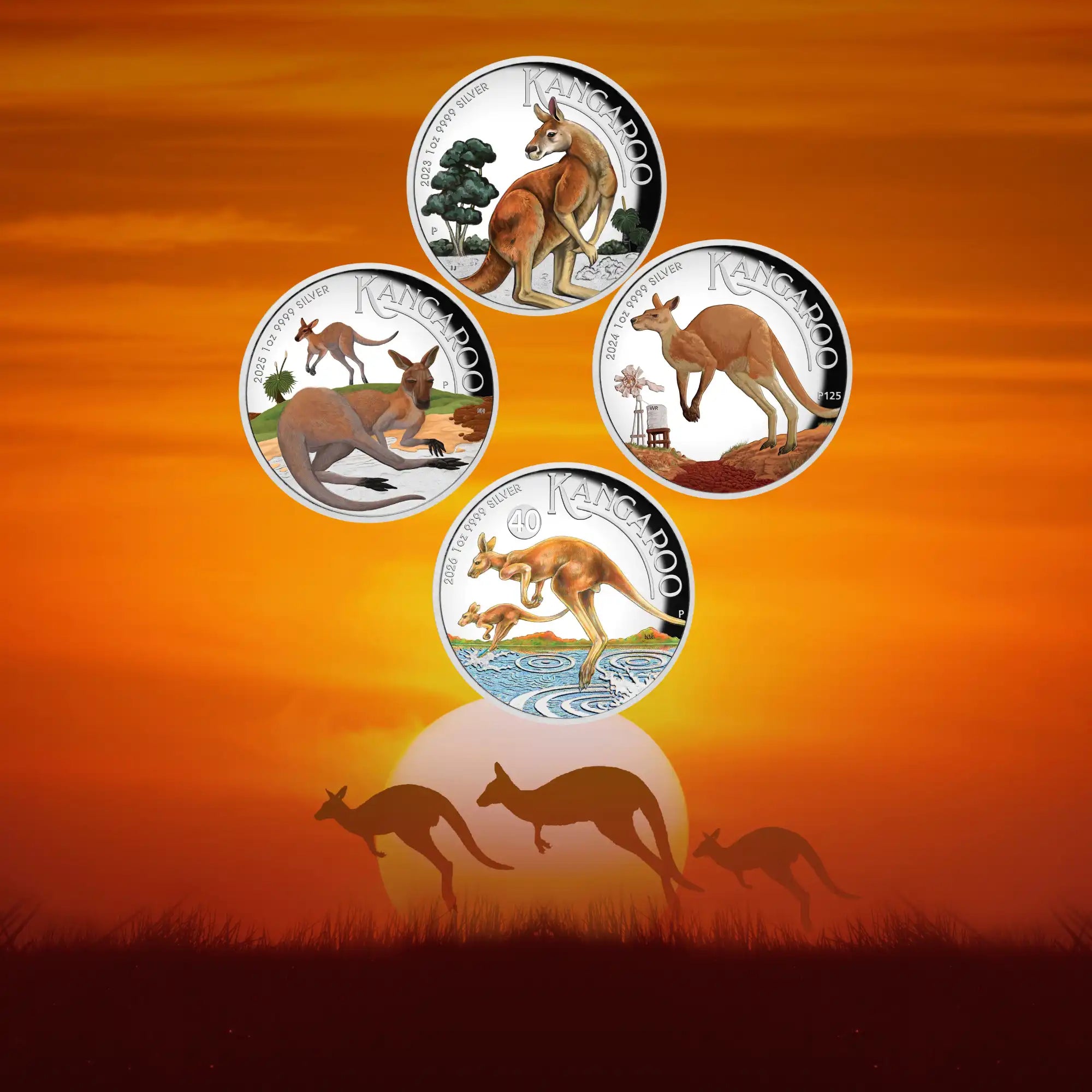 2023–2026 Perth Mint Kangaroo 1oz Silver Coloured Proof 4-Coin Collection