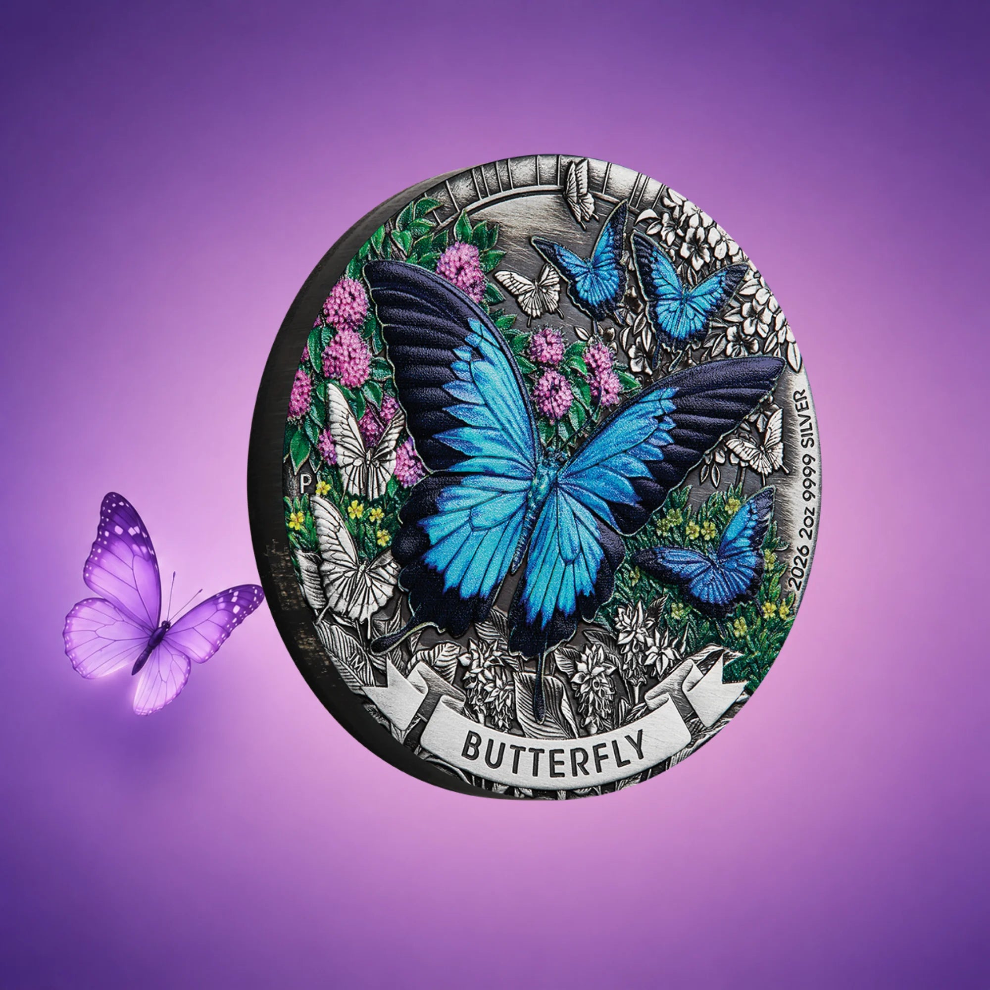 2026 Perth Mint Butterfly 2oz Silver Antiqued Coloured Coin