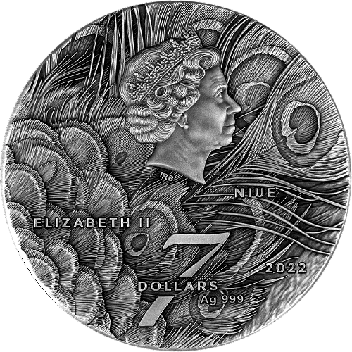 2022 Niue Peacock 3oz Silver Antique Finish Coin with Crystal Insert