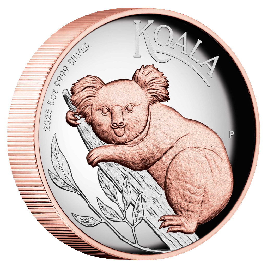 2025 Perth Mint Australian Koala 5oz Silver Proof HR Gilded Coin Cert 46/500