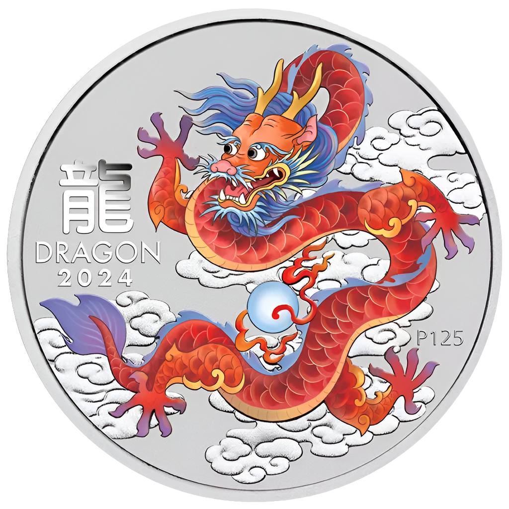 2024 Perth Mint Lunar Red Dragon 1/2oz Silver Coloured Coin in Capsule