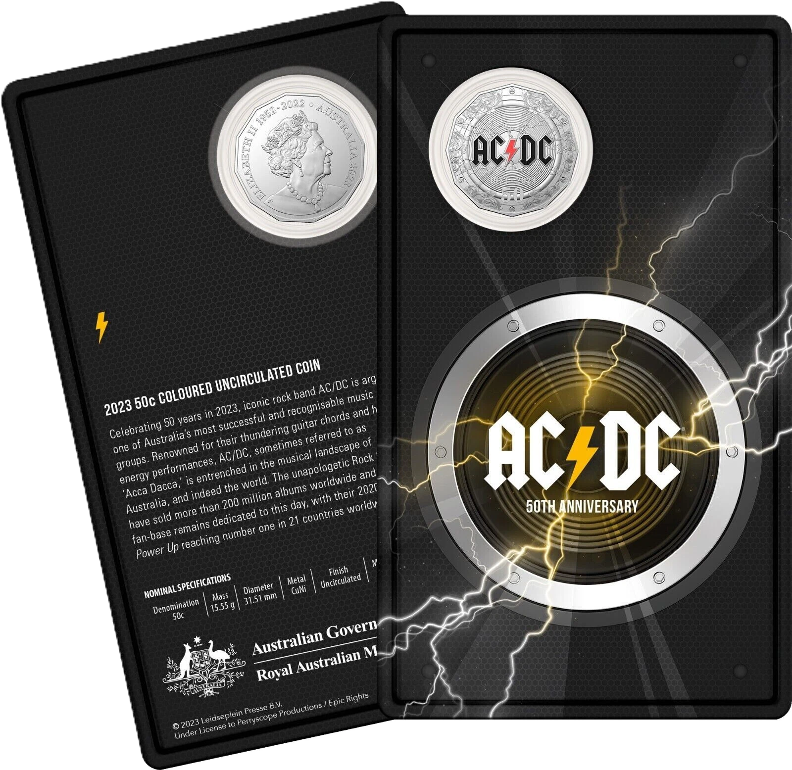 2023 RAM AC/DC 50th Anniversary 50c Coloured Uncirculated Coin