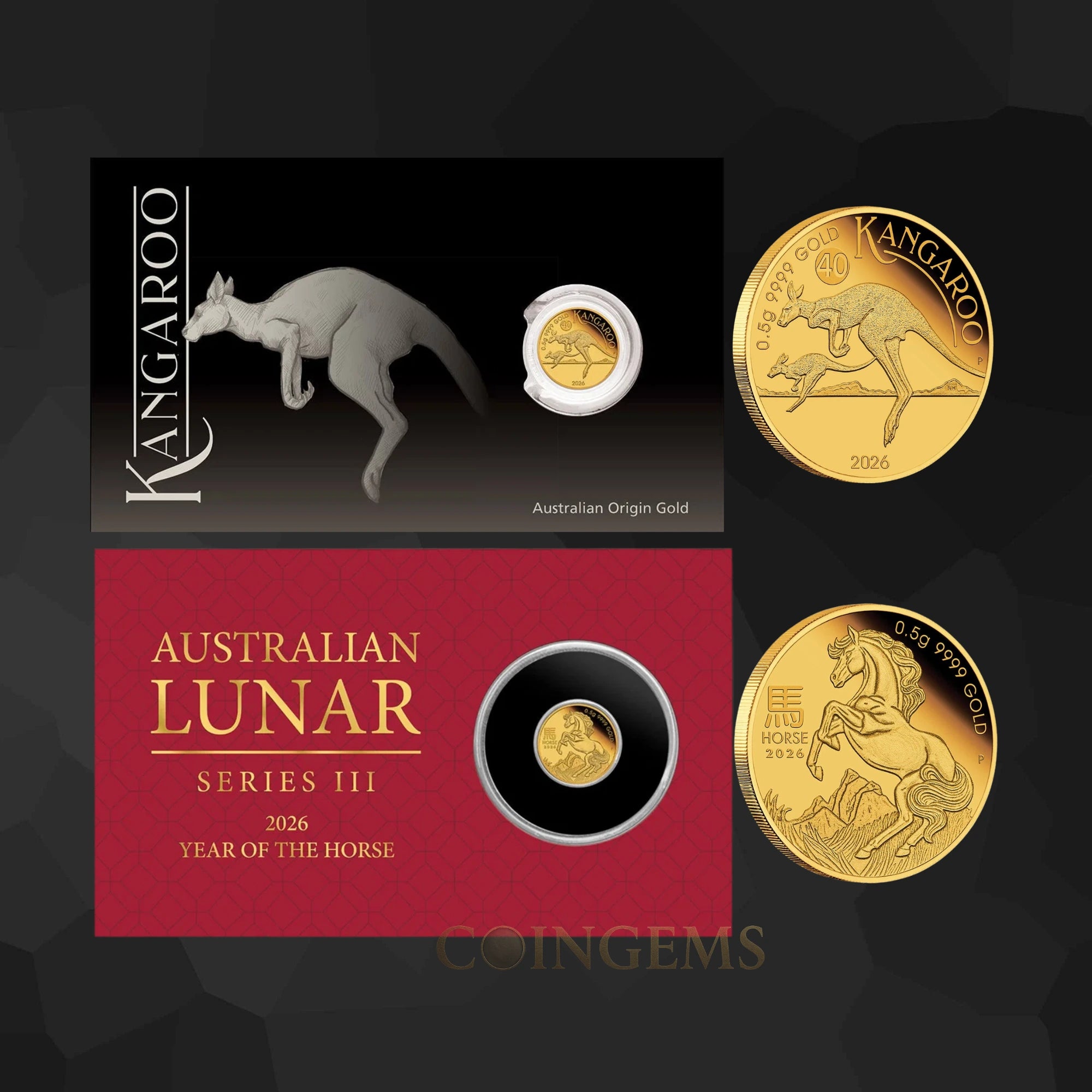 2026 Perth Mint Kangaroo & Horse 0.5g Gold Proof 2 Coin Collection