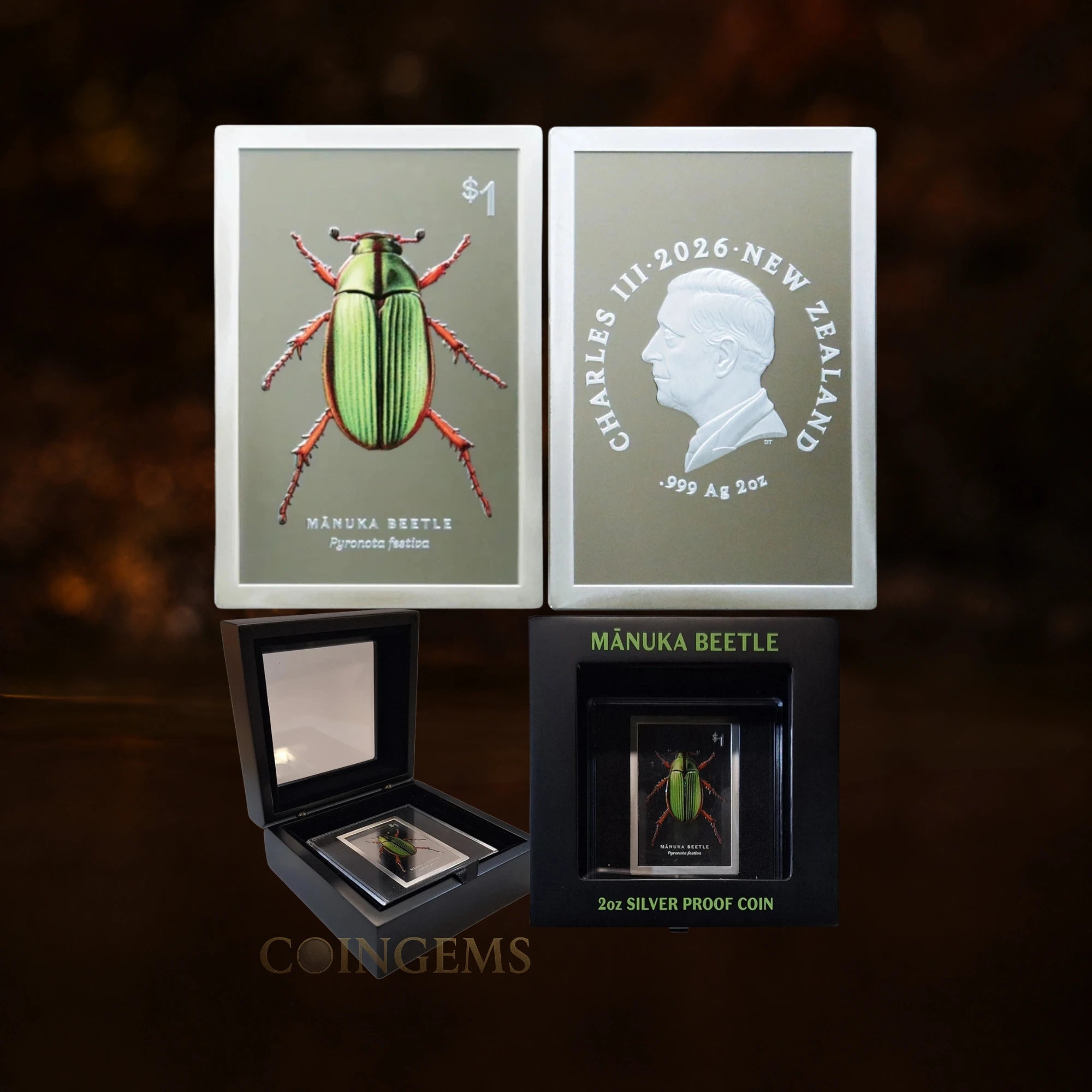 2026 Mānuka Beetle 2oz Silver Proof Coloured HR Coin