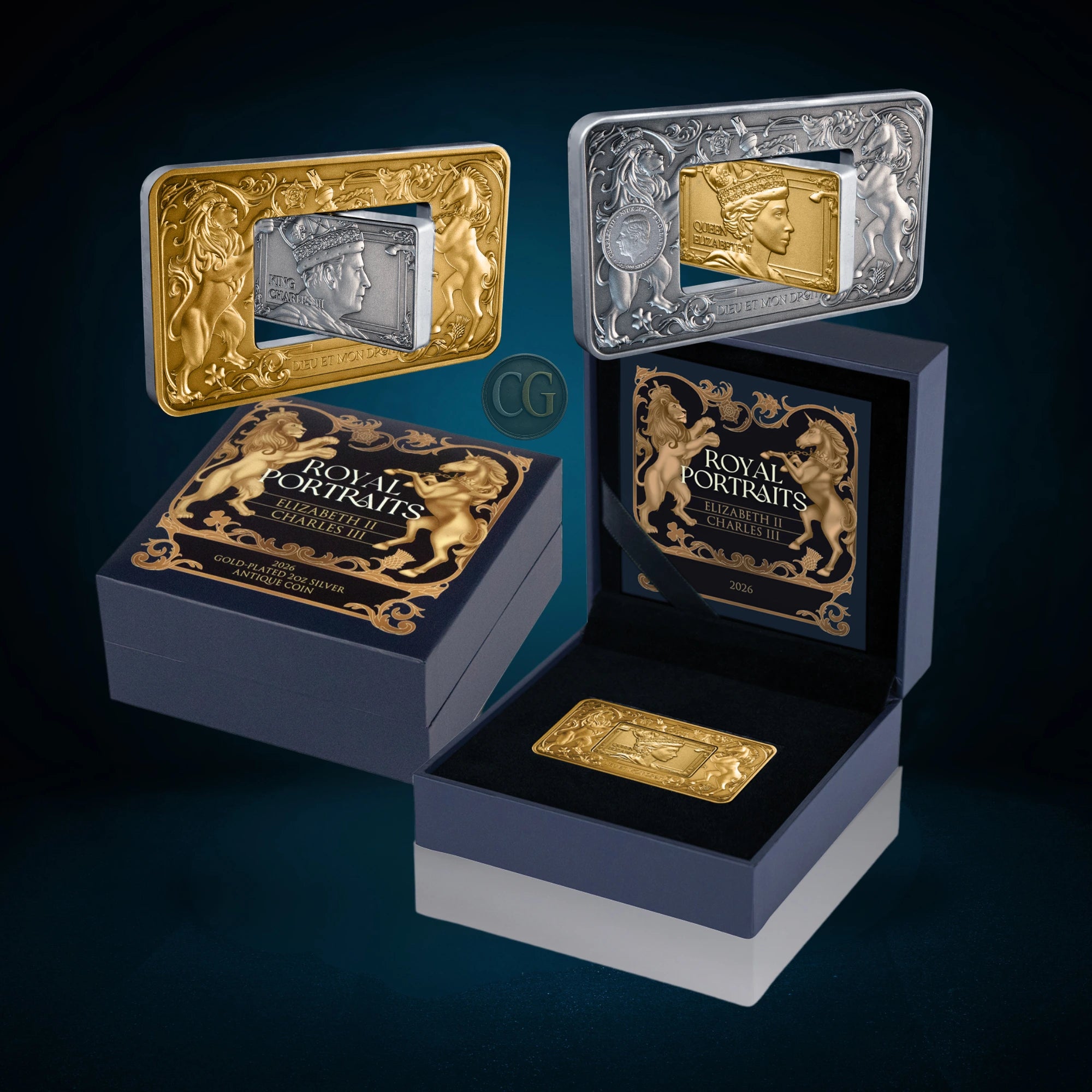 2026 Niue Elizabeth II & Charles III Revolving Rectangle Gold-plated 2oz Silver Antique Coin