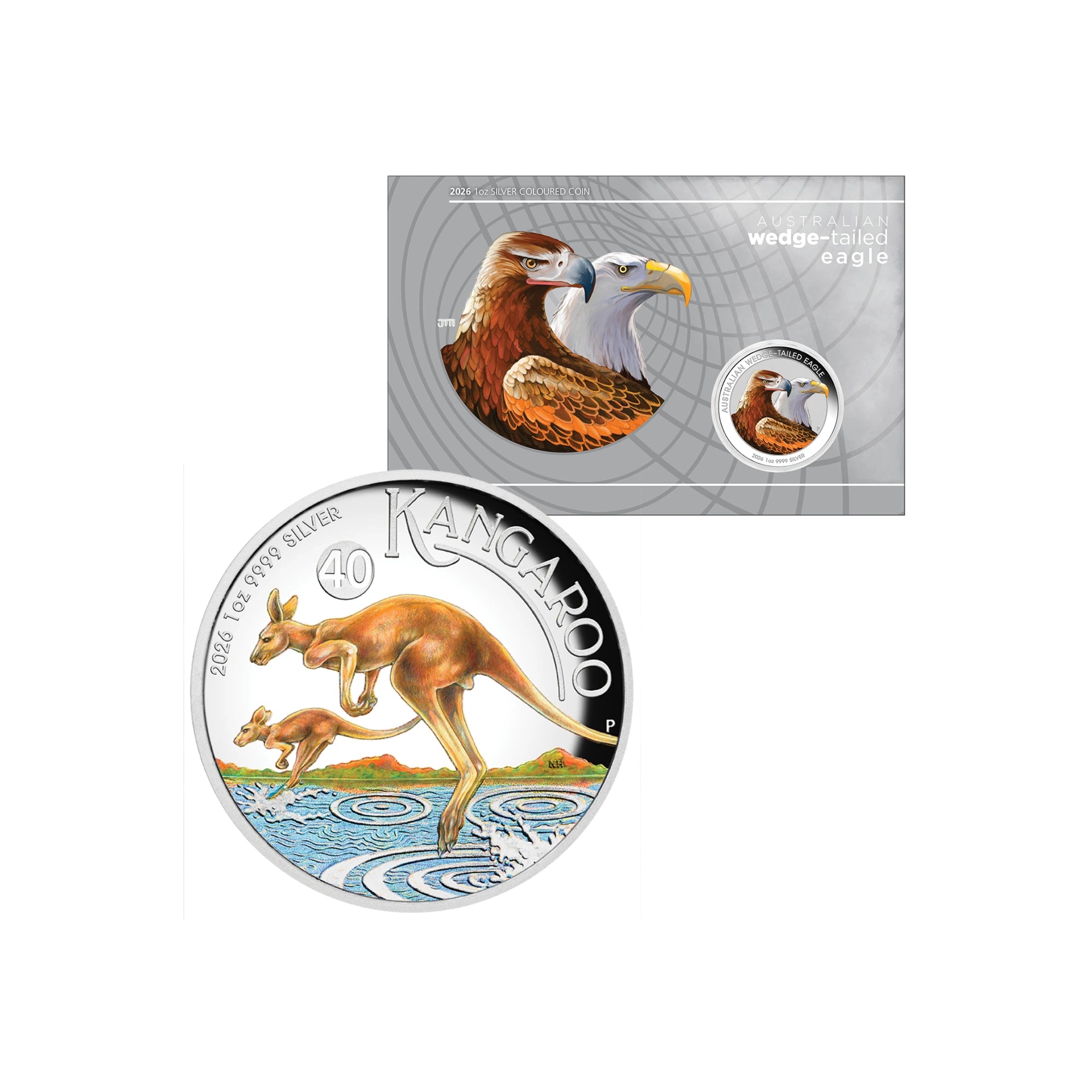2026 Perth Mint Wedge Tail Eagle and Kangaroo 1oz Silver coloured 2 coin collection