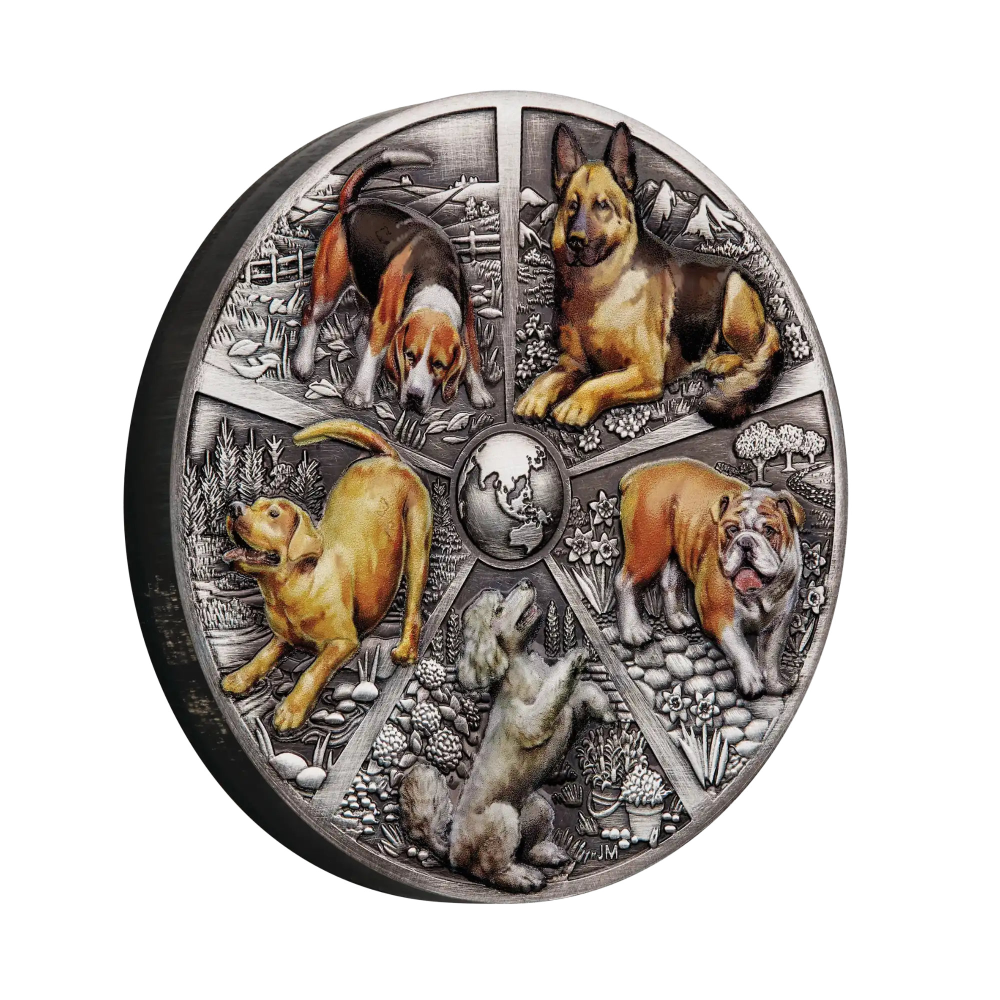 2025 Perth Mint World Popular Dogs 5oz Silver Antiqued HR Coloured Coin Cert24
