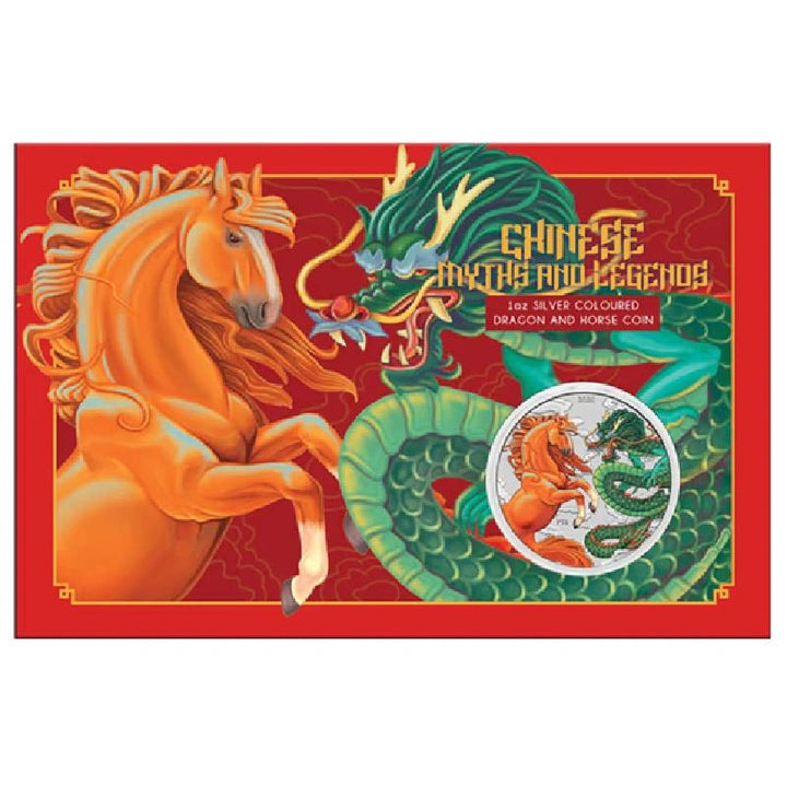 2026 Perth Mint Chinese Myths and Legends Dragon and Horse 1oz Silver Fire and Earth Coloured Coin