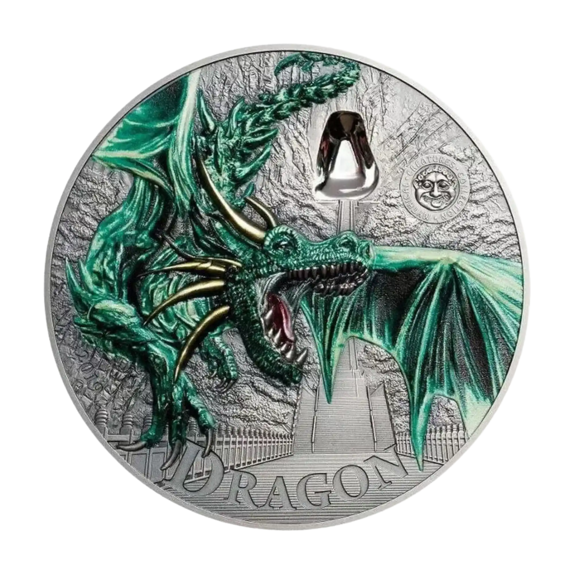 2019 Palau Mythical Creatures Green Dragon 2oz Silver Antiqued Coin
