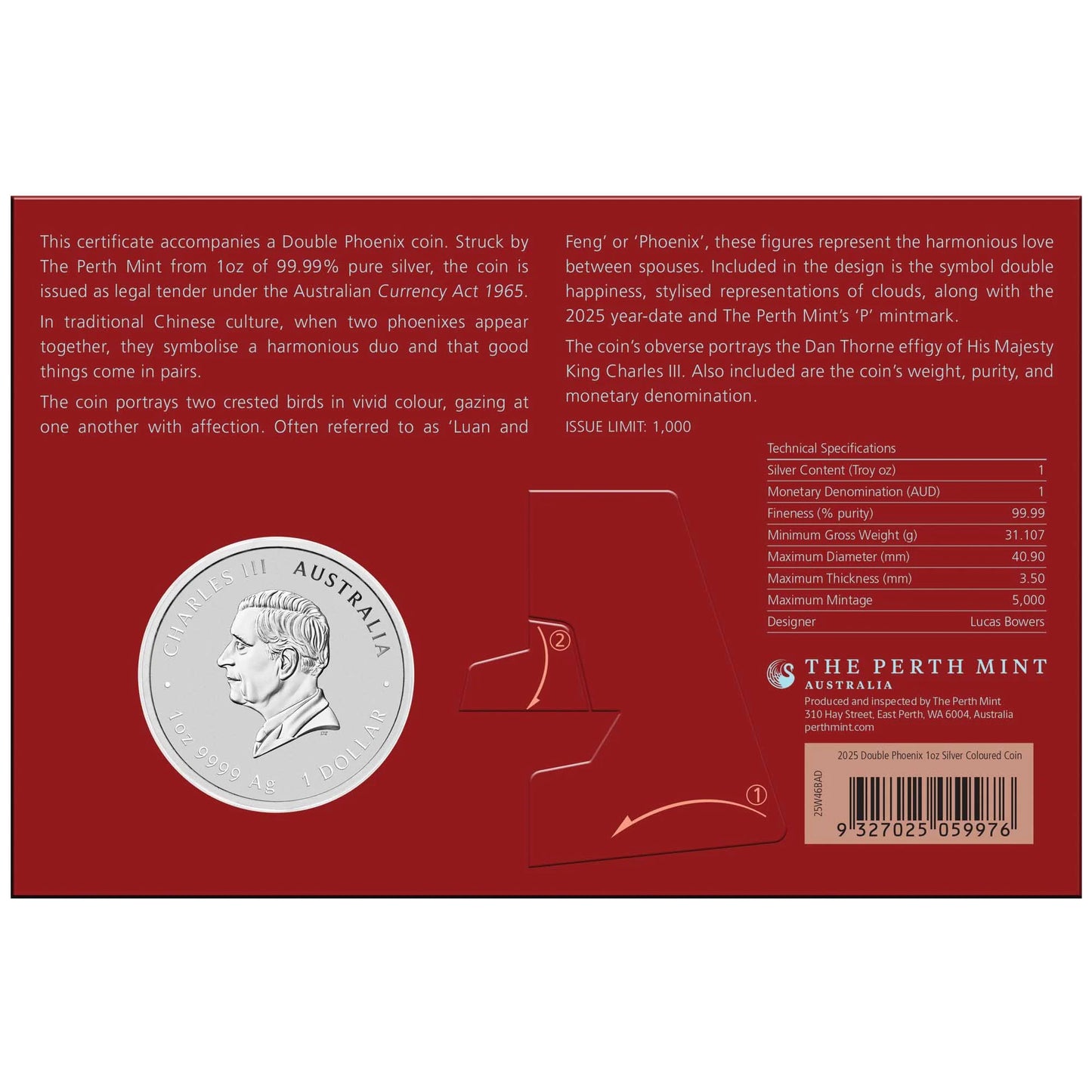 2025 Perth Mint Chinese Myths and Legends – Double Phoenix 1oz Silver Vivid Coloured Coin (In Card)
