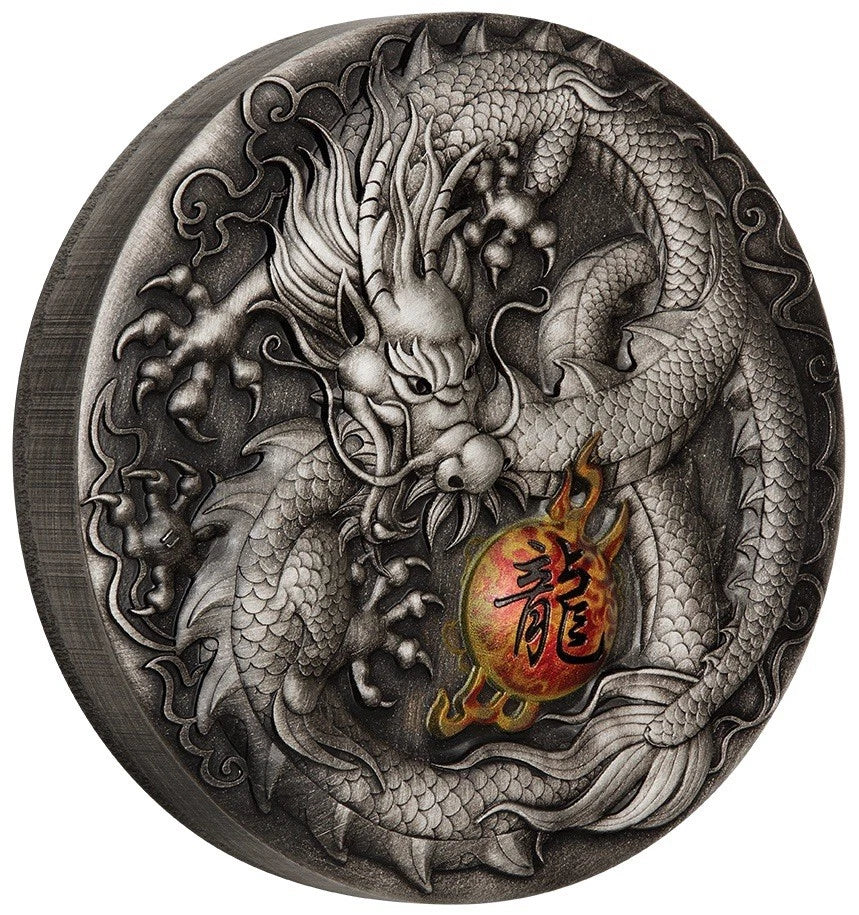 2019 Perth Mint Dragon 5oz Silver Antiqued HR Coloured Coin