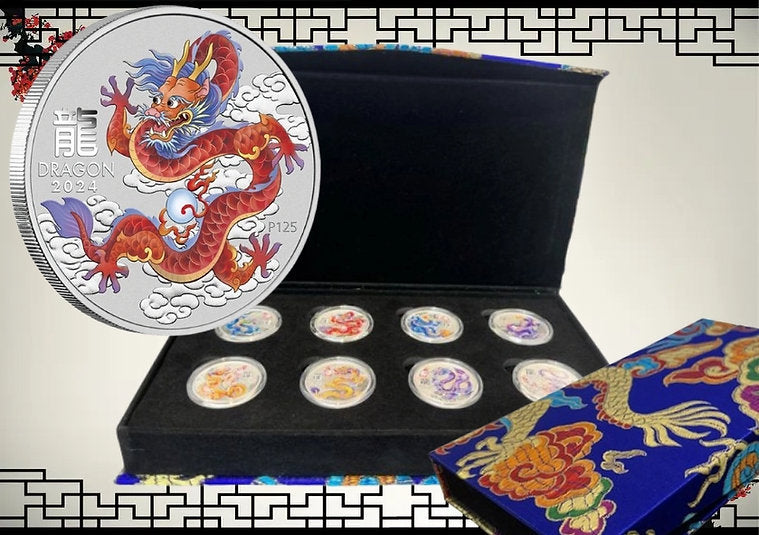2024 Perth Mint Lunar Dragon 4oz Silver Coloured 8-Coin Set Wth Thematic Box