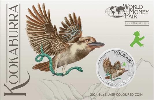 2024 Perth Mint Kookaburra 1oz Silver Coloured Coin in Card
