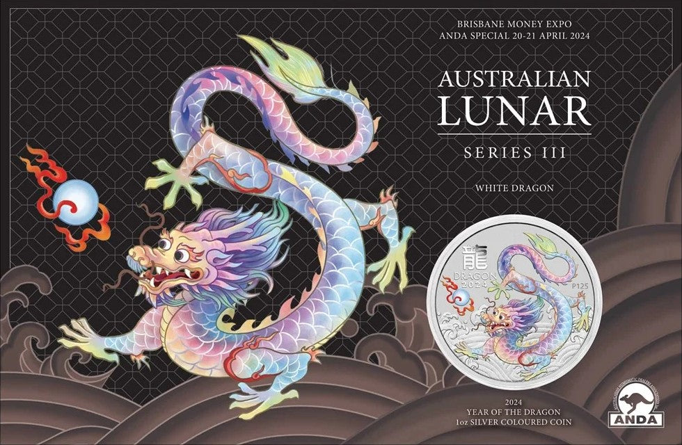 2024 Perth Mint Lunar Dragon 1oz Silver White Coloured Coin in Card