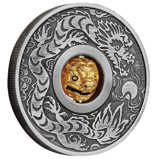 2024 Perth Mint Lunar Dragon 1oz Antiqued Silver Rotating Charm Coin