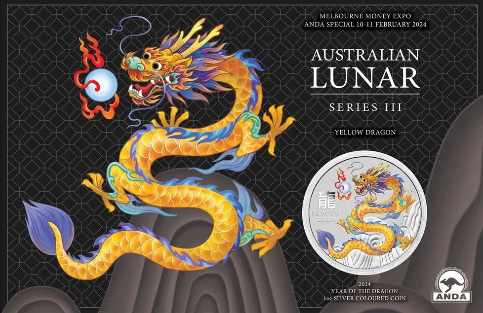 2024 Perth Mint Lunar Dragon 1oz Silver Yellow Coloured Coin in Card
