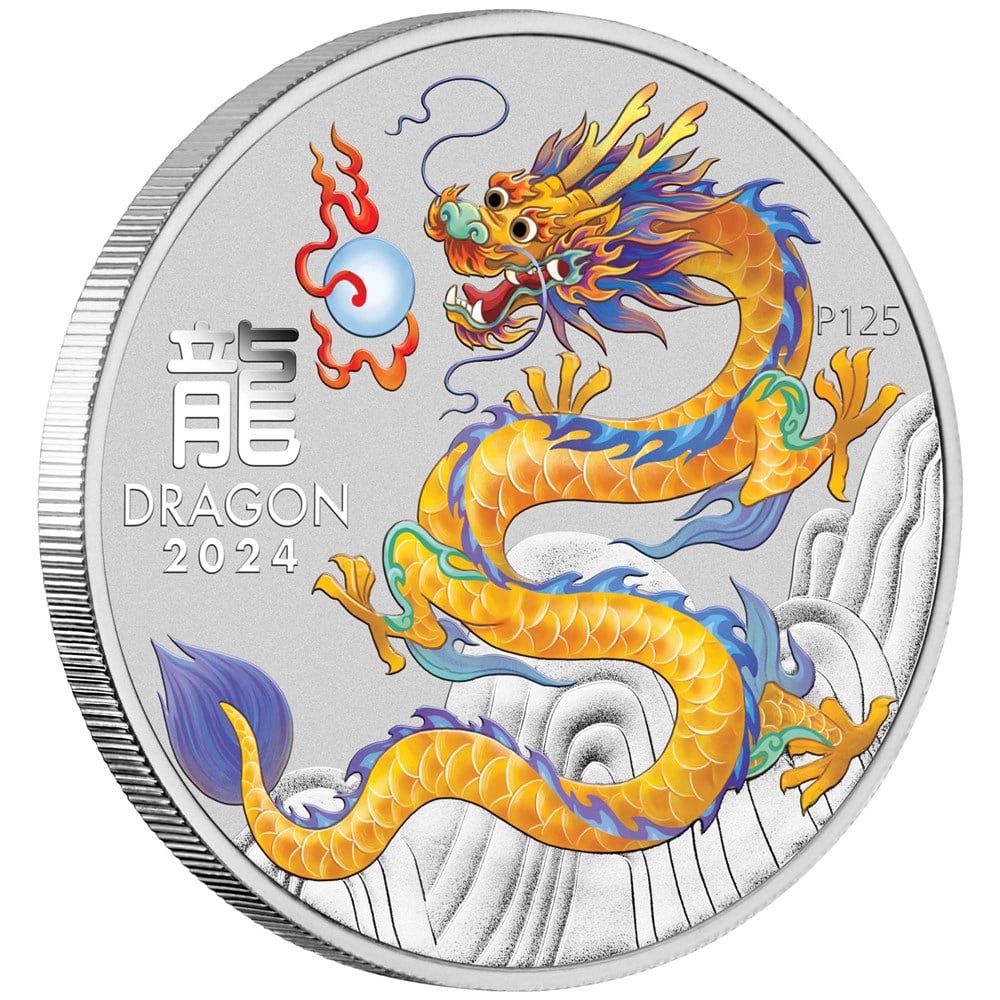 2024 Perth Mint Lunar Dragon 1oz Silver Yellow Coloured Coin in Card