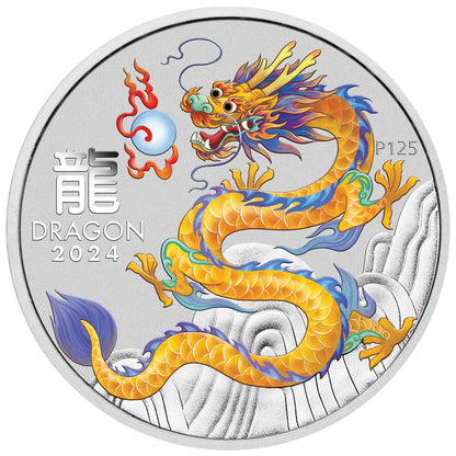 2024 Perth Mint Lunar Dragon 1oz Silver Yellow Coloured Coin in Card
