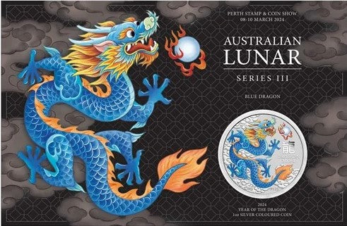 2024 Perth Mint Lunar Dragon 1oz Silver Blue Coloured Coin in Card