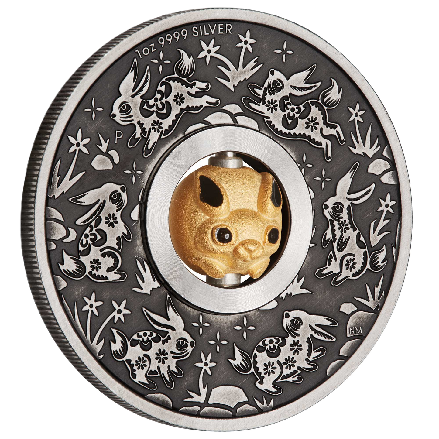 2023 Perth Mint Lunar Rabbit 1oz Antiqued Silver Rotating Charm Coin