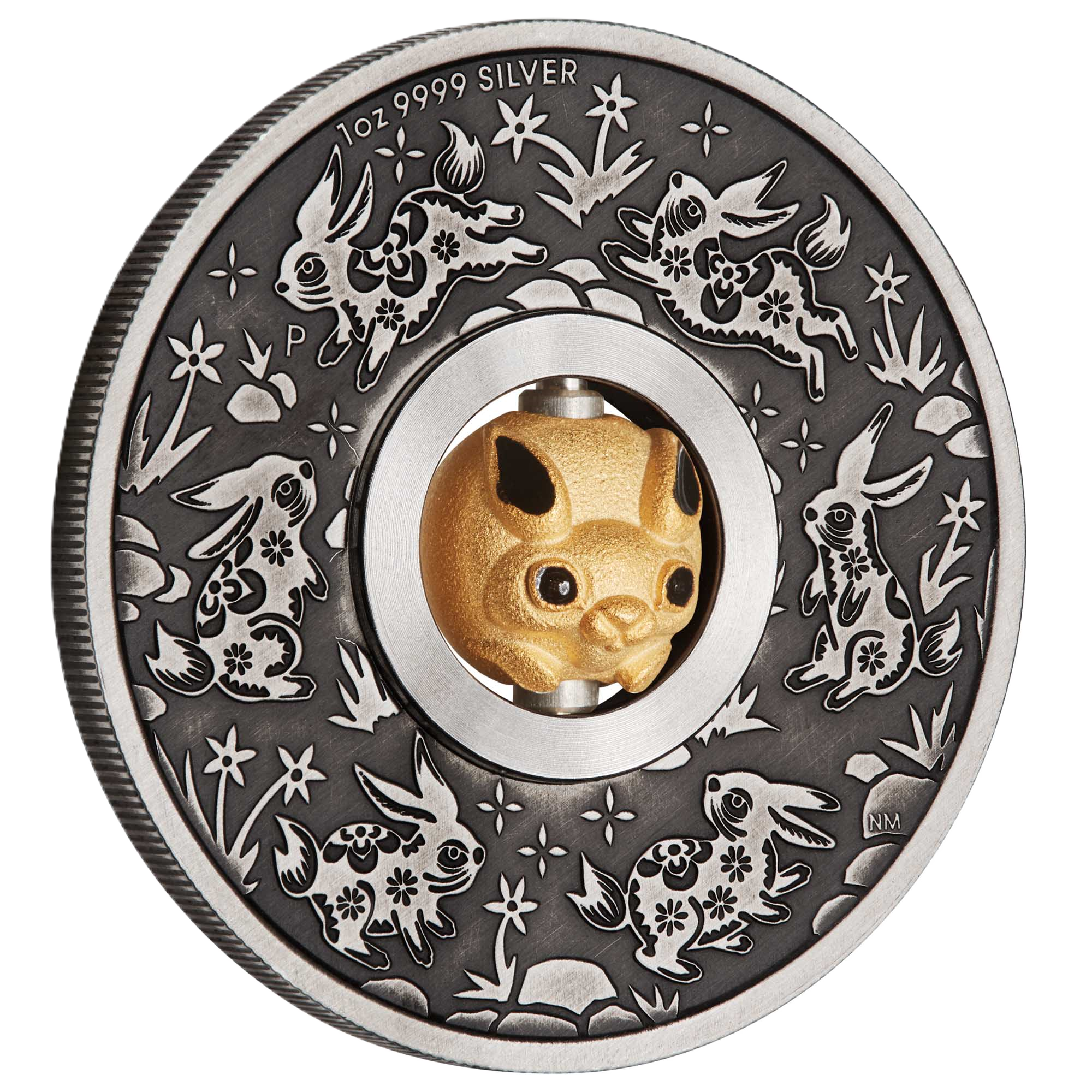 2023 Perth Mint Lunar Rabbit 1oz Silver Antiqued Rotating Charm Coin