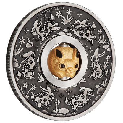 2023 Perth Mint Lunar Rabbit 1oz Antiqued Silver Rotating Charm Coin