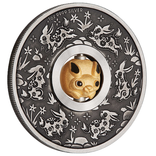 2023 Perth Mint Lunar Rabbit 1oz Antiqued Silver Rotating Charm Coin