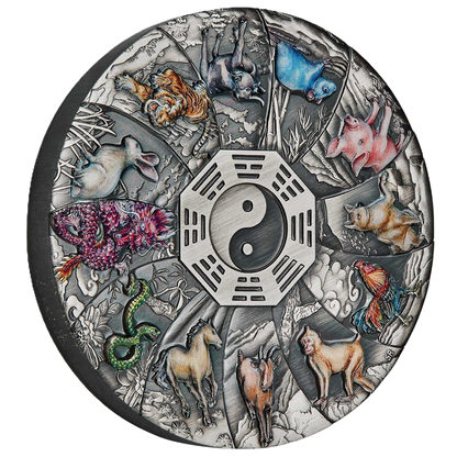 2023 Perth Mint 12 Lunar Animals 5oz Silver Antiqued Coloured Coin