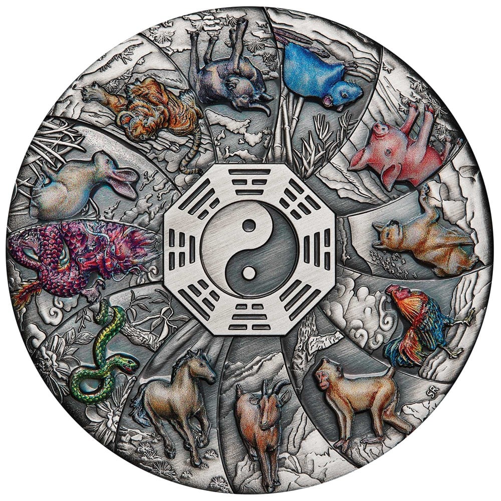 2023 Perth Mint 12 Lunar Animals 5oz Silver Antiqued Coloured Coin