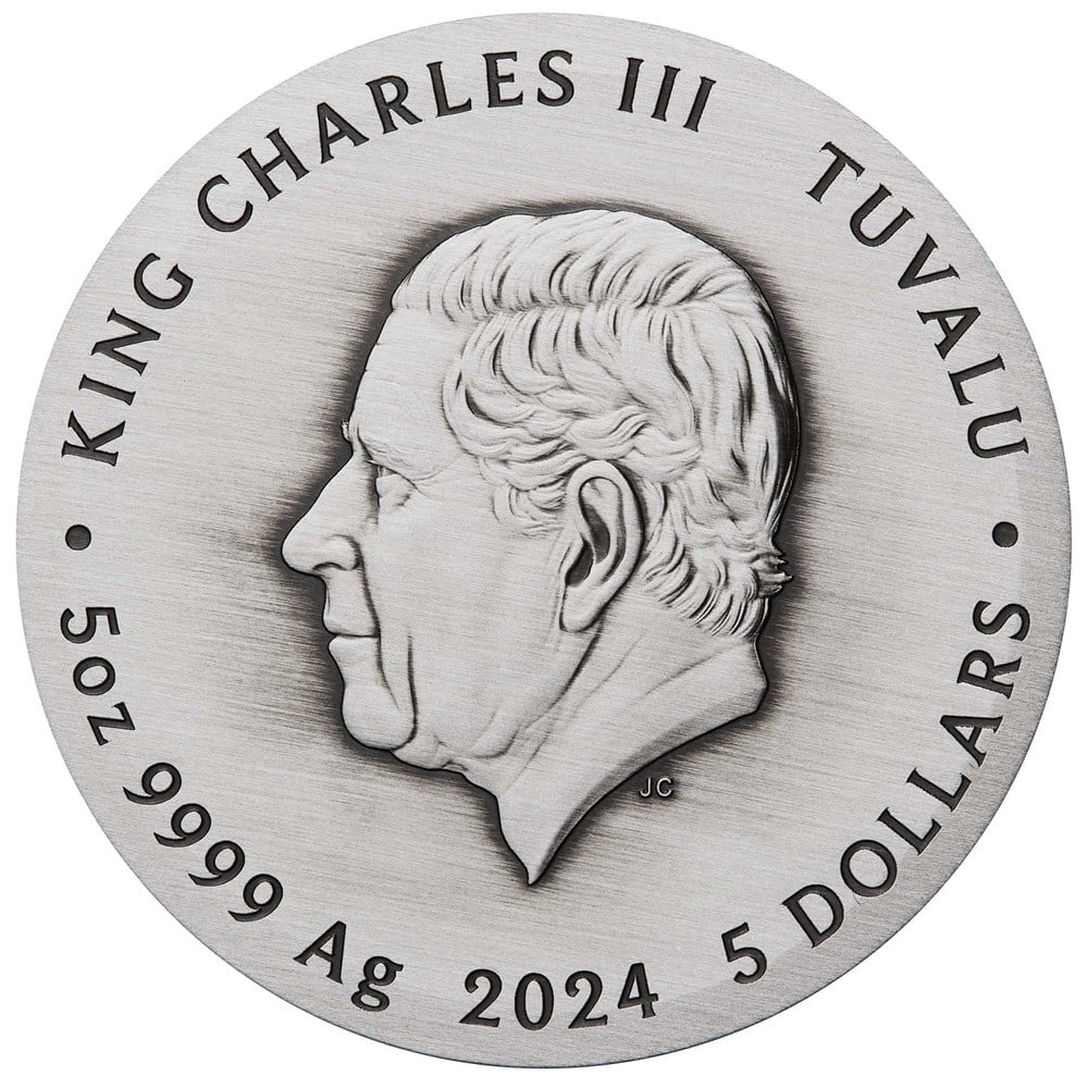 5.2024 Dragon and Phoenix 5oz Silver Antiqued Coloured Coin - Certificate less than 1