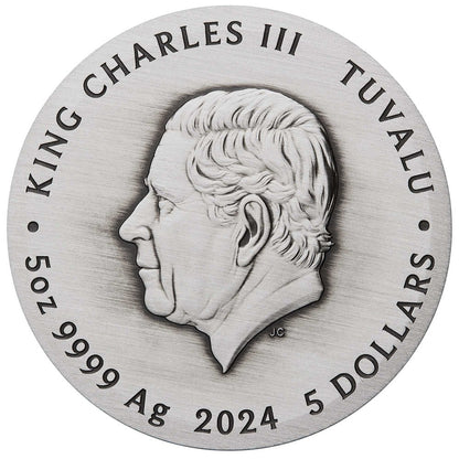 5.2024 Dragon and Phoenix 5oz Silver Antiqued Coloured Coin - Certificate less than 1