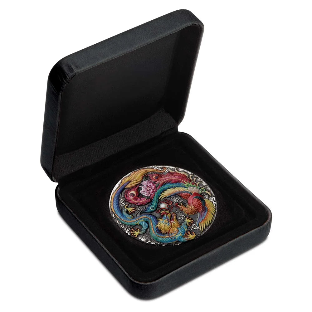 5.2024 Dragon and Phoenix 5oz Silver Antiqued Coloured Coin - Certificate less than 1