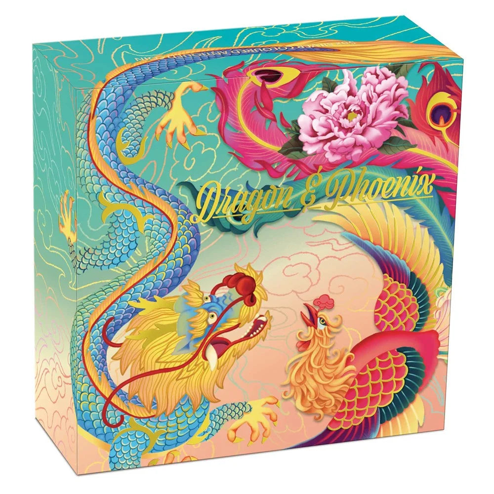 5.2024 Dragon and Phoenix 5oz Silver Antiqued Coloured Coin - Certificate less than 1