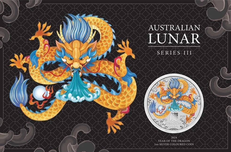 2024 Perth Mint Lunar Dragon 1oz Silver Coloured Coin in Card