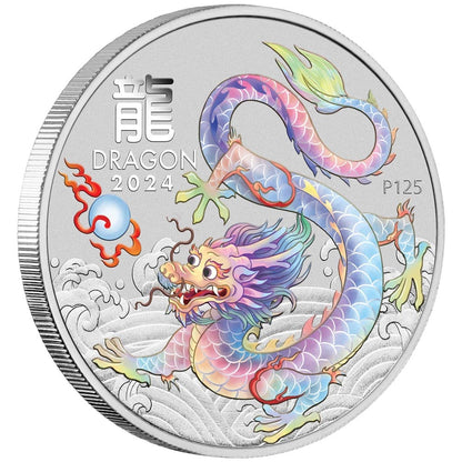 2024 Perth Mint Lunar Dragon 1oz Silver White Coloured Coin in Card