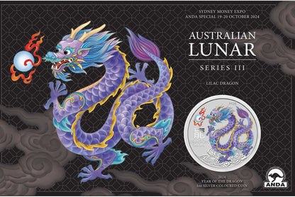 2024 Perth Mint Lunar Dragon 1oz Silver Coloured Coin in Card - All 9 Cards