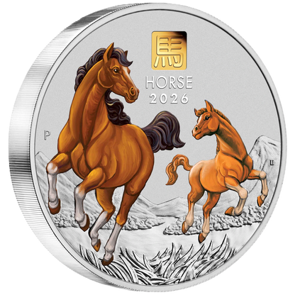 2026 Perth Mint Lunar Horse 1 Kilo Silver Coloured Coin with Gold Privy Mark