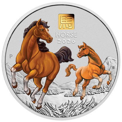 2026 Perth Mint Lunar Horse 1 Kilo Silver Coloured Coin with Gold Privy Mark