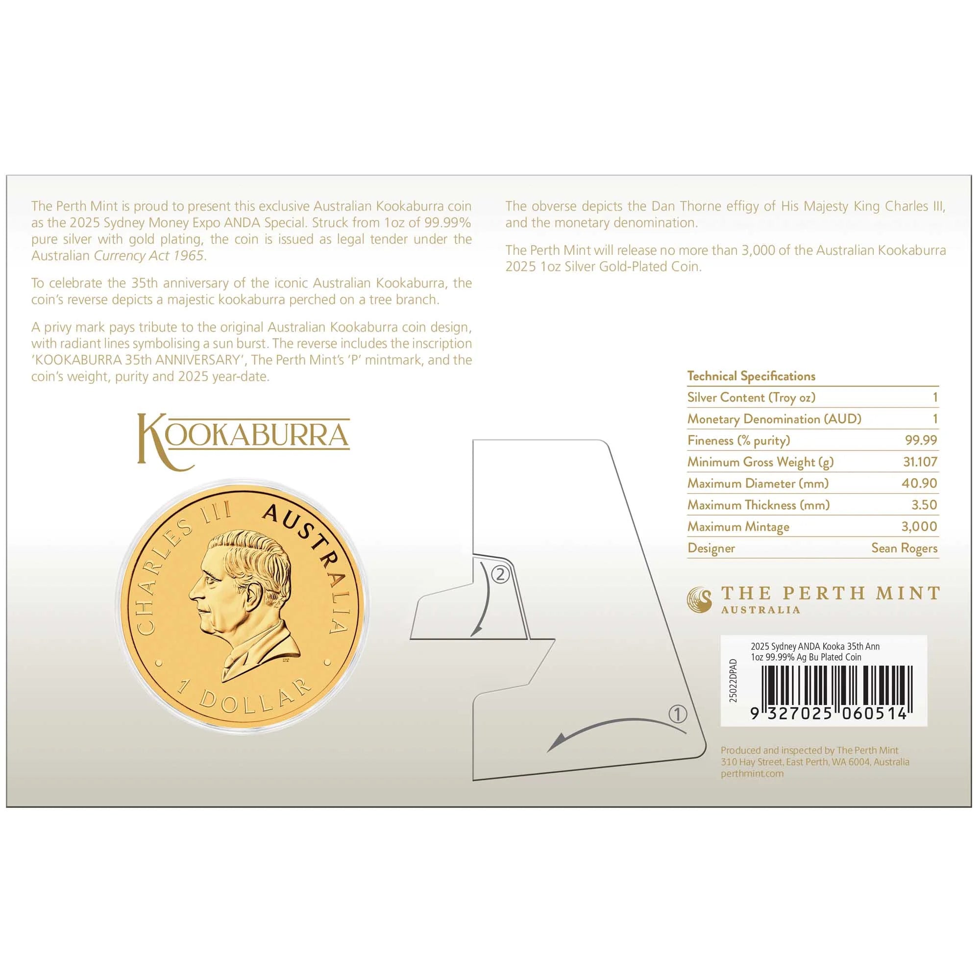 2025 Perth Mint Kookaburra 35th Anniversary 1oz Silver Gold-Plated Coin on Card