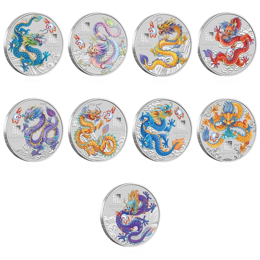 2024 Perth Mint Australian Lunar Dragon 1/2oz Silver 9 Coin Collection - NO Presentation Box
