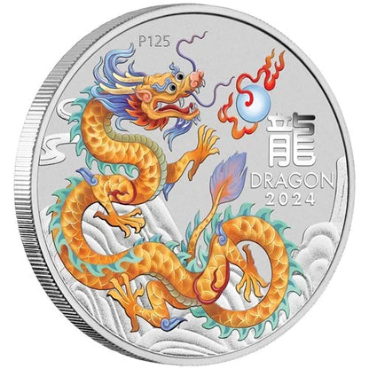 2024 Perth Mint Lunar Dragon 1oz Golden Coloured Silver Coin in Card