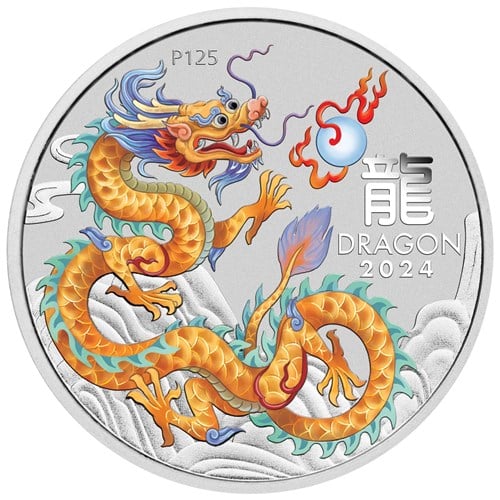 2024 Perth Mint Lunar Dragon 1oz Golden Coloured Silver Coin in Card