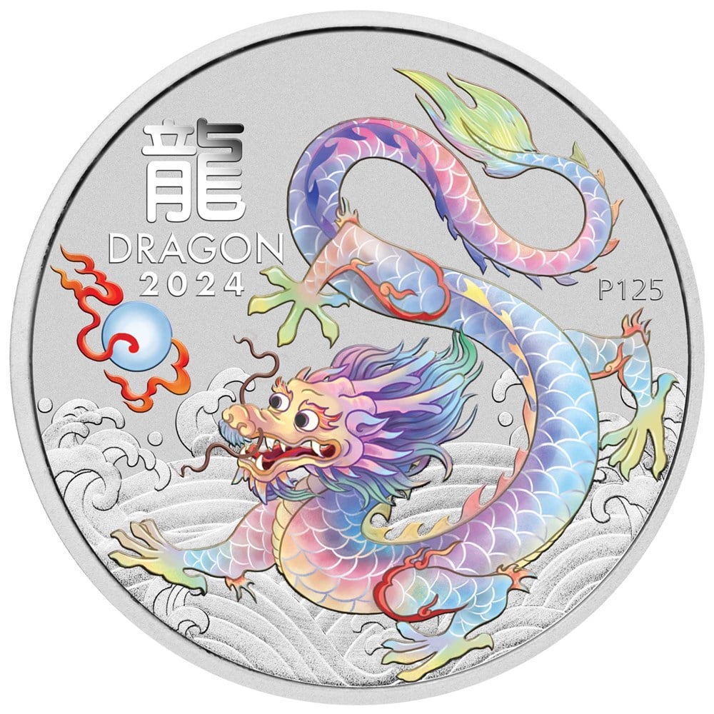 2024 Perth Mint Lunar Dragon 1oz Silver White Coloured Coin in Card