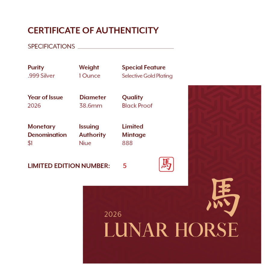 2026 LUNAR HORSE 1OZ GILDED SILVER BLACK PROOF COIN