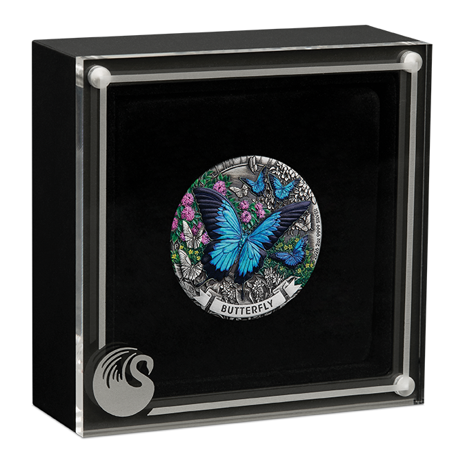 2026 Perth Mint Butterfly 2oz Silver Antiqued Coloured Coin