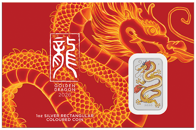 2026 Perth Mint Golden Dragon 1oz Silver Coloured Rectangular bar on card